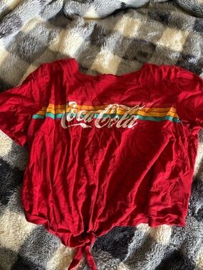 Coca Cola Red Short Sleeve Graphic Tie-Front Tee with Rainbow Stripes